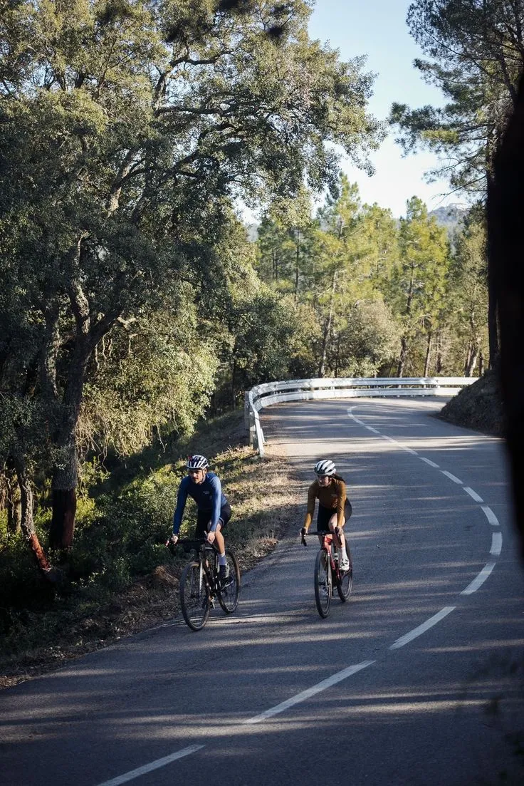Cyclists ascending a long country lane